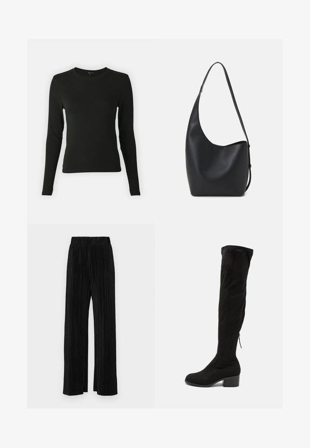 Pitkähihaista mustaa paitaa, joka on valmistettu sileästä kankaasta. Paidassa on pyöreä kaula-aukko ja se on muotoiltu istuvaksi, eikä siinä ole näkyviä kuvioita tai yksityiskohtia.; Mustat pleatatut housut, joissa on joustava vyötärö. Ominaisuuksiin kuuluvat leveät lahkeet ja sileä, teksturoitu kangas, jossa on pystysuoria raitoja.; Mustat yli polven saappaat, jotka on valmistettu pehmeästä mokkakangasta, joissa on paksu korko ja sivuvedin, joka helpottaa pukemista. Sileä pinta.; Musta nahkainen hobo-laukku, jossa on sileä pinta, kaareva muoto ja yksi säädettävä olkahihna; sisäänkäynti on leveä ylhäältä.