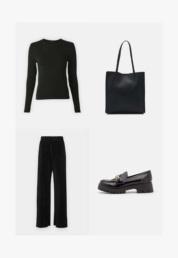 Langærmet sort skjorte lavet af glat stof, med rund halsudskæring og tætsiddende pasform, uden synlige mønstre eller accenter.; Sorte plisserede bukser med elastisk talje. Har brede ben og et glat, tekstureret stof med lodrette striber.; Sorte lakerede loafers med en tyk, takket sort sål og et guld hardware-element på fronten. Glat tekstur, klassisk design.; Sort læder tote taske med glat tekstur, rektangulær form og to lange hanke. Ingen synlig hardware eller udsmykninger.