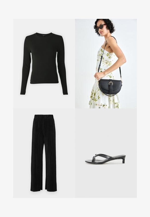 Črna majica s dolgimi rokavi iz gladke tkanine, okroglega izreza in prilegajoče oblike, brez vidnih vzorcev ali poudarkov.; Črne plisirane hlače z elastičnim pasom. Imajo široke noge in gladko, teksturirano tkanino z navpičnimi črtami.; Črne sandale z visoko peto in križnim trakastim dizajnom iz gladkega sintetičnega materiala. Imajo nizko blok peto in dekorativni akcent na spojih trakov.; Črna usnjena torbica s ukrivljeno obliko, z odstranljivo naramnico in zlatimi dodatki. Torbica ima pokrov s podrobnostmi v obliki zaponke.