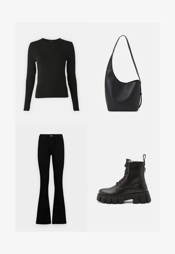 Cămașă neagră cu mânecă lungă, realizată dintr-un material neted, având un guler rotund și o croială ajustată, fără modele sau accente vizibile.; Jeans negri cu talie înaltă, cu închidere prin nasture și fermoar, buzunare frontale și picioare evazate, așezați pe un fundal alb.; Botine negre din piele cu talpă din cauciuc robustă, vârf rotund, șireturi în față și o bucată de înfipt în spate pentru a fi ușor de încălțat.; Geantă hobo din piele neagră, cu o textură netedă, formă curbată și un singur bretele ajustabil; are o deschidere largă în partea de sus.