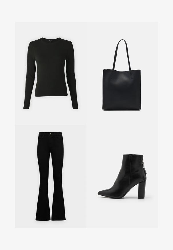 Camisa preta de mangas longas feita de um tecido suave, com decote redondo e forma ajustada, sem padrões ou detalhes visíveis.; Jeans pretos de cintura alta com fecho de botão e zíper, bolsos frontais e pernas largas dispostos em cima de um fundo branco.; Bota de tornozelo em couro preto com bico pontudo, textura lisa e um salto robusto. Apresenta um fecho lateral com um pequeno detalhe de franjas.; Bolsa tote preta em couro com textura lisa, forma retangular e duas alças longas. Sem hardware ou enfeites visíveis.