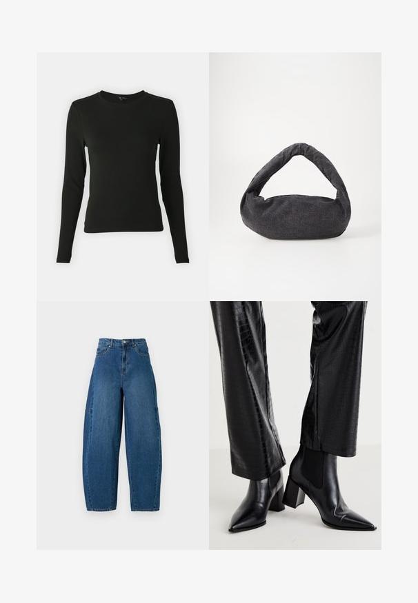 Langermet svart skjorte laget av glatt stoff, med rund halslinning og innsnevret passform, uten synlige mønstre eller aksenter.; Denimjeans i en middels blå vask, med høy midje, vide ben og standard fem-roms design med synlige sømdetaljer.; RAID NEMMA - Støvletter - black metallic; Mørk grå stoffbag med et buet håndtak, myk tekstur og rund form. Ingen synlig maskinvare eller dekorasjoner.