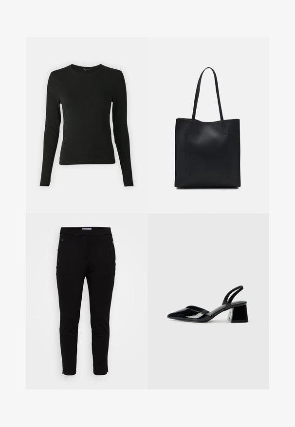 Langermet svart skjorte laget av glatt stoff, med rund halslinning og innsnevret passform, uten synlige mønstre eller aksenter.; Anna Field Curvy Bukse - black; Svarte patentlær slingback hæler med spiss tå og geometrisk blokk hæl. Har et stilrent, minimalistisk design og jevn tekstur.; Svart lær tote bag med glatt tekstur, rektangulær form og to lange håndtak. Ingen synlige deler eller dekorasjoner.