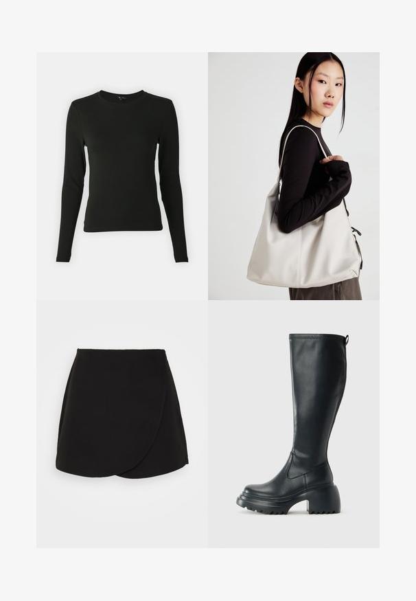 Črna majica s dolgimi rokavi iz gladke tkanine, okroglega izreza in prilegajoče oblike, brez vidnih vzorcev ali poudarkov.; Črna zavita krila z gladko teksturo, ki ima ukrivljen rob in subtilne šivane detajle. Oblikovana za prilegajočo silhueto.; Visoka črna usnjena škornja s debelim podplatnim solejem in blok peto, opremljena s potegom in strukturiranim profilom na podplatu.; Bežna torbica iz mehkega materiala, z ohlapno zasnovo, šivi in dvema naramnicama. Primerna za vsakodnevno uporabo.