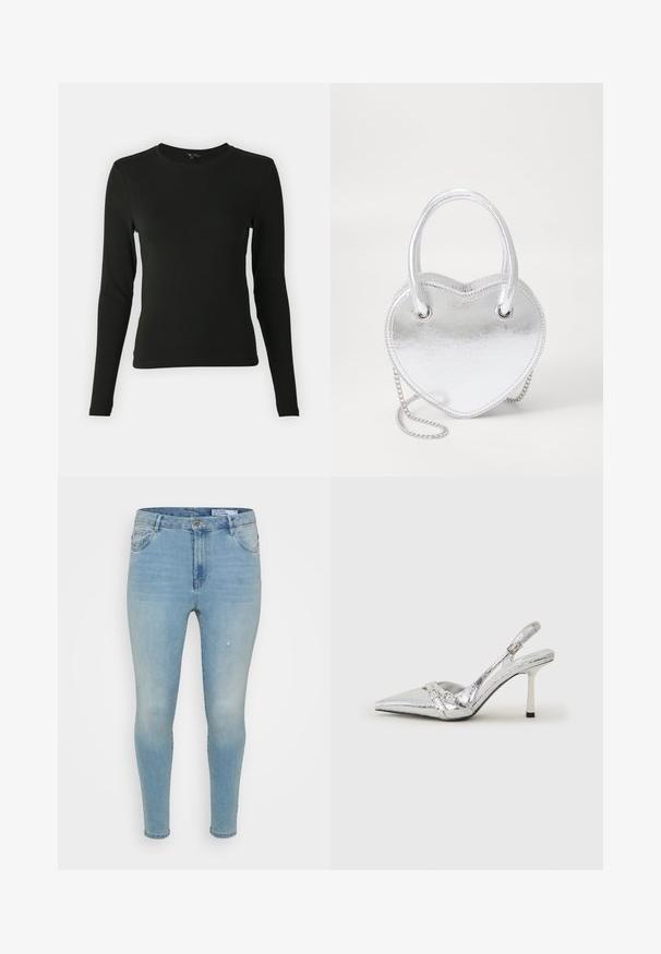 Melnā garas formas krekls, izgatavots no gludas auduma, ar apaļu kakla izgriezumu un pieguļošu siluetu, bez redzamām rakstām vai akcentiem.; Gaiši zilo denimu bikses ar pieguļošu piegriezumu, kas piedāvā vidēja augstuma jostasvietu, klasisku piecu kabatu dizainu un maigus nodiluma akcentus priekšpusē.; Sudraba slingback augstpapēžu kurpe ar norādītu purngalu, metālisku apdari, diviem dekoratīviem siksniņām un plānu papēdi ar melnu galu.; Sudraba metāla sirds formas soma ar divām rokturēm, ķēdes siksnu un gludu faktūru. Iespējas ietver metāla furnitūru un izšūtas malas.