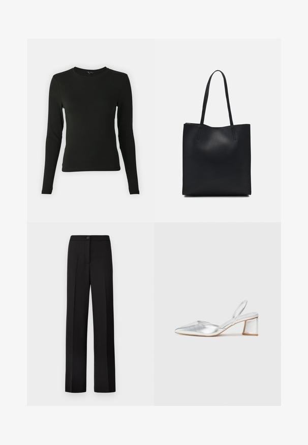 Long-sleeve black shirt made of smooth fabric, featuring a round neckline and fitted shape, with no visible patterns or accents.; Black trousers with a straight-leg design, button closure, flat front, and no visible pockets. Smooth fabric with a tailored fit.; Silver metallic high-heeled shoe with a pointed toe and an open back. Features a triangular block heel and smooth texture.; Black leather tote bag with smooth texture, rectangular shape, and two long handles. No visible hardware or embellishments.