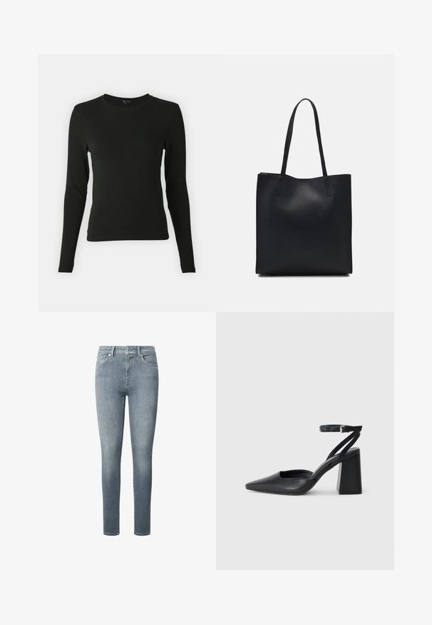 Svart långärmad skjorta i mjukt tyg, med rund halsringning och figurnära passform, utan synliga mönster eller detaljer.; Slim-fit jeans i mjuk, ljusblå denim. Har fem fickor, dragkedja och bälteshällor, med en slät yta och minimal blekning.; Svart läderpumps med spetsig tå, ankelrem och kraftig klack. Slät textur, stilren design och minimalistisk estetik.; Svart lädertoffelväska med slät textur, rektangulär form och två långa handtag. Ingen synlig hårdvara eller dekorationer.