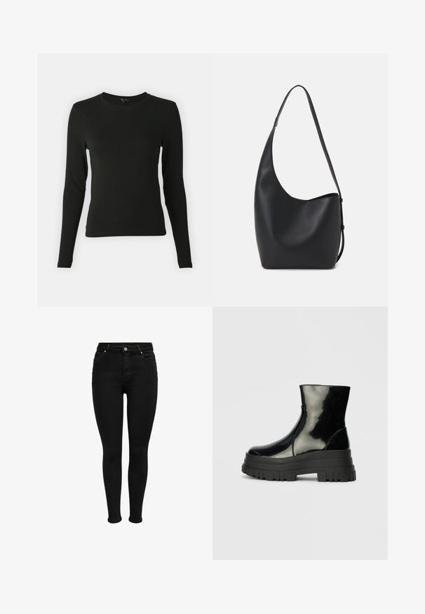 Camisa preta de mangas longas feita de um tecido suave, com decote redondo e forma ajustada, sem padrões ou detalhes visíveis.; Jeans skinny pretos de cintura alta com botão frontal, passantes para cinto e design de cinco bolsos, exibidos contra um fundo branco.; Bota de tornozelo preta e brilhante com sola grossa e arredondada, vista lateral sobre fundo cinza claro.; Saco hobo preto em pele com uma textura lisa, forma curva e uma única alça ajustável; apresenta uma abertura larga na parte de cima.