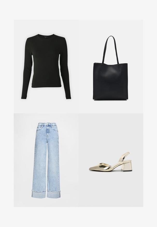 Melnā garas formas krekls, izgatavots no gludas auduma, ar apaļu kakla izgriezumu un pieguļošu siluetu, bez redzamām rakstām vai akcentiem.; Gaiši zili, augsta vidukļa platu kāju džinsi no džinsa auduma ar uzlocītu maliņu, piecām kabatām un izšūtu dekoru.; Zeltaini, metāla kurpes ar siksniņām, norakans purngalis un masīla papēdis. Gluda tekstūra, minimālisma dizains un šaura siksna.; Melnas ādas somiņa ar gludu tekstūru, taisnstūra formu un divām garām rokturiem. Nav redzamu aparatūras vai rotājumu.