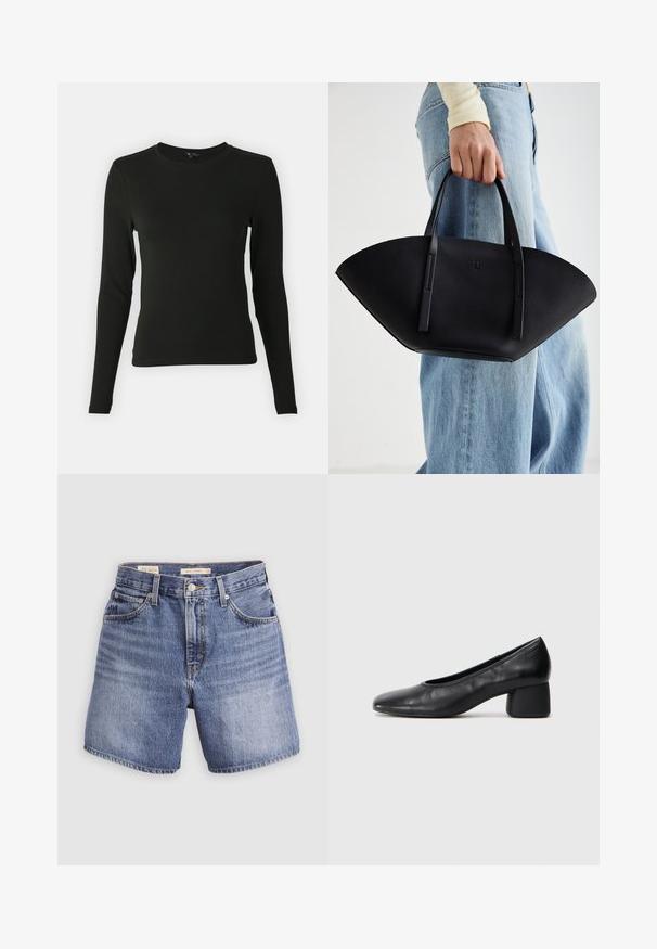 Melnā garas formas krekls, izgatavots no gludas auduma, ar apaļu kakla izgriezumu un pieguļošu siluetu, bez redzamām rakstām vai akcentiem.; Gaiši zili džinsa šorti ar augstu vidukli, pieciem kabatām, rāvējslēdzēja un pogas aizdari. Vienkāršs, klasiskā griezumā ar taisnām kājām.; Melna ādas kurpe ar noapaļotu purngalu un vidēja izmēra blokkāju. Gluda tekstūra ar minimāliem dekoriem, ar delikātu elastīgu atveri.; Melnas ādas rokassoma ar unikālu ventilatora formu, aprīkota ar plakaniem rokturiem. Virsma ir ar graudainu faktūru un minimālistisku dizainu.