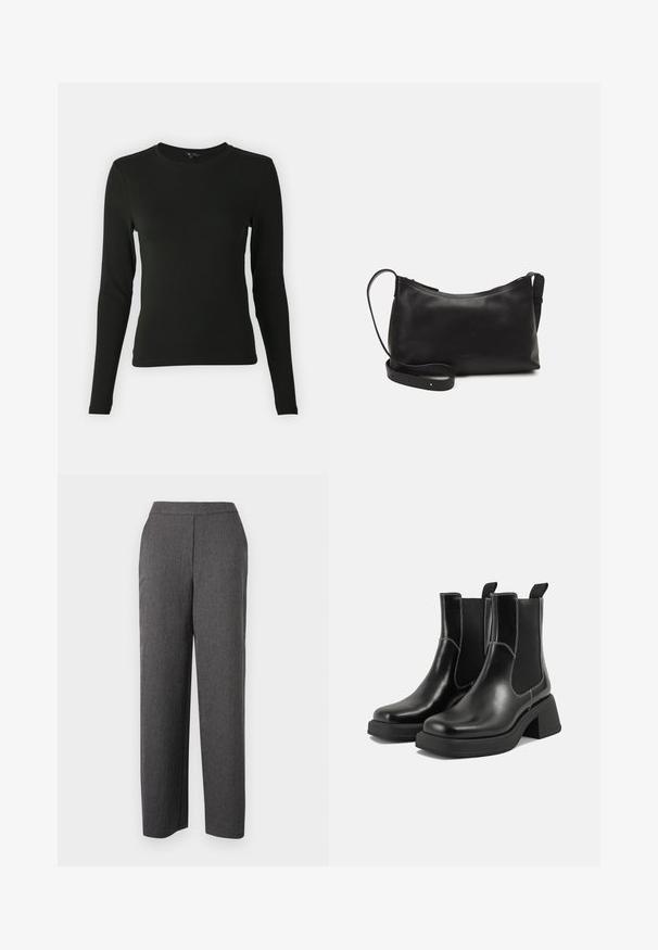 Chemise noire à manches longues en tissu lisse, avec un col rond et une coupe ajustée, sans motifs ni accents visibles.; Pantalon gris en tissu texturé avec une coupe droite, doté d'une taille lisse et sans poches visibles.; Bottes Chelsea en cuir noir avec un talon épais, des panneaux latéraux élastiques et des coutures blanches contrastantes. Fini texturé.; Sac à épaule en cuir noir avec une texture lisse, une forme courbée, une bandoulière ajustable et une fermeture éclair. Design minimaliste sans embellissements.