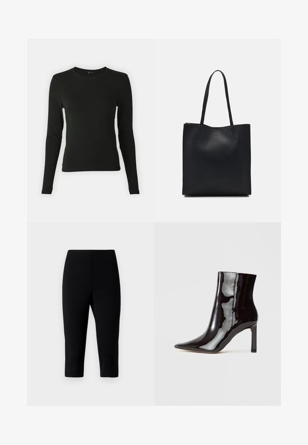 Chemise noire à manches longues en tissu lisse, avec un col rond et une coupe ajustée, sans motifs ni accents visibles.; Pantalons capri noirs en tissu extensible, avec un design ajusté qui se termine juste en dessous du genou, une texture lisse et sans coutures visibles.; Bottine en cuir verni noir avec un bout pointu et une silhouette élancée. Elle présente un talon aiguille et une texture lisse.; Sac fourre-tout en cuir noir avec une texture lisse, de forme rectangulaire et deux longues poignées. Pas de matériel ou d'ornementations visibles.