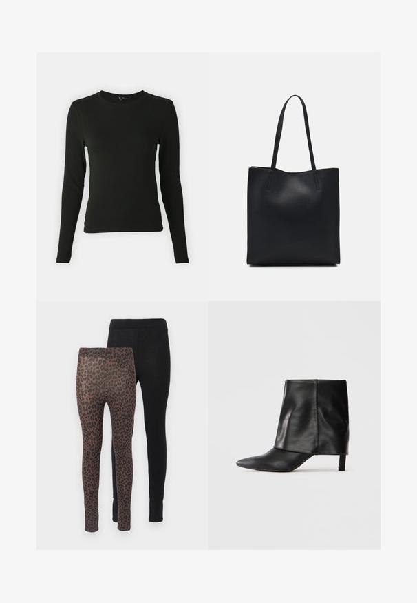 Halenka s dlhým rukávom v čiernej farbe, vyrobená z hladkej látky, so zaobleným výstrihom a priliehavým strihom, bez viditeľných vzorov alebo akcentov.; Dva páry legín: jedny sú z čiernej látky, druhé hnedé s čiernym leopardím vzorom, pričom majú elastické nohavice.; Čierna kožená čižma po kolená s špicatou špičkou, prehnutým horným častom a štíhlym nízkym opätkom, stojaca na bielom pozadí.; Čierna kožená taška na rameno s hladkým povrchom, obdĺžnikovým tvarom a dvoma dlhými uchami. Bez viditeľného kovania alebo ozdôb.