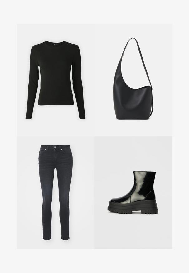 Černá košile s dlouhými rukávy vyrobená z hladké látky, s kulatým výstřihem a přiléhavým střihem, bez viditelných vzorů nebo akcentů.; Černé skinny džíny z denimu s středně vysokým pasem, pěti kapsami a roztrženým lemem. Materiál má hladkou texturu s mírnou pružností.; Černá lesklá kotníková bota s robustní podrážkou a zaoblenou špičkou, boční pohled na jednolitém světle šedém pozadí.; Černá kožená hobo taška s hladkým povrchem, zakřiveným tvarem a jedním nastavitelným popruhem; má široké otevírání nahoře.