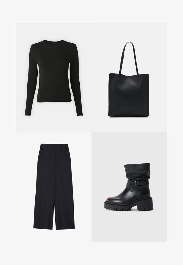 Halenka s dlhým rukávom v čiernej farbe, vyrobená z hladkej látky, so zaobleným výstrihom a priliehavým strihom, bez viditeľných vzorov alebo akcentov.; Široké nohavice z tmavomodrého materiálu s hladkou textúrou, prednými skladmi a ozdobnými zlatými očkami na bočných vreckách.; Čierne kožené členkové čižmy s voľnou hornou časťou, detailom s prackou a hrubou, robustnou podrážkou. Majú okrúhlu špičku a hladkú textúru.; Čierna kožená taška na rameno s hladkým povrchom, obdĺžnikovým tvarom a dvoma dlhými uchami. Bez viditeľného kovania alebo ozdôb.