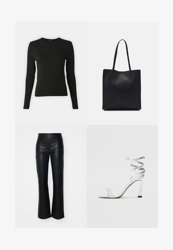 Long-sleeve black shirt made of smooth fabric, featuring a round neckline and fitted shape, with no visible patterns or accents.; Black faux leather flared pants with a smooth texture, featuring a fitted waist and slightly flared legs, designed for a sleek silhouette.; Silver high-heeled sandal with a shiny strap design, featuring a pearl-like accent and a spiraled ankle strap for secure fit.; Black leather tote bag with smooth texture, rectangular shape, and two long handles. No visible hardware or embellishments.