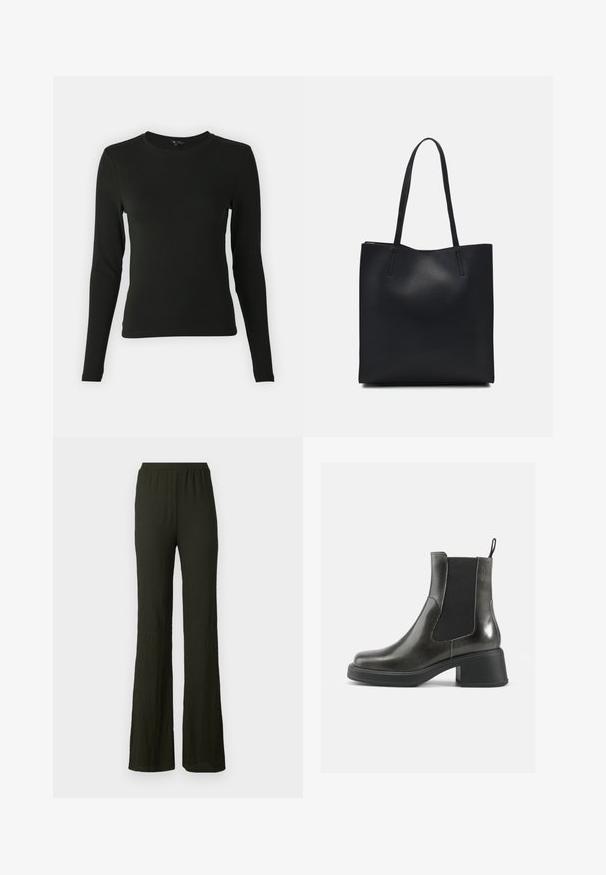 Cămașă neagră cu mânecă lungă, realizată dintr-un material neted, având un guler rotund și o croială ajustată, fără modele sau accente vizibile.; Pantaloni largi, texturat, de culoare verde închis, cu talie elastică. Material moale, formă evazată. Fără închideri vizibile sau buzunare.; Botine negre din piele cu un finisaj neted, panouri laterale elastice și un toc gros. Au un punct de sprijin pentru a fi mai ușor de încălțat.; Geantă tote neagră din piele, cu textură netedă, formă rectangulară și două mânere lungi. Fără hardware vizibil sau ornamente.