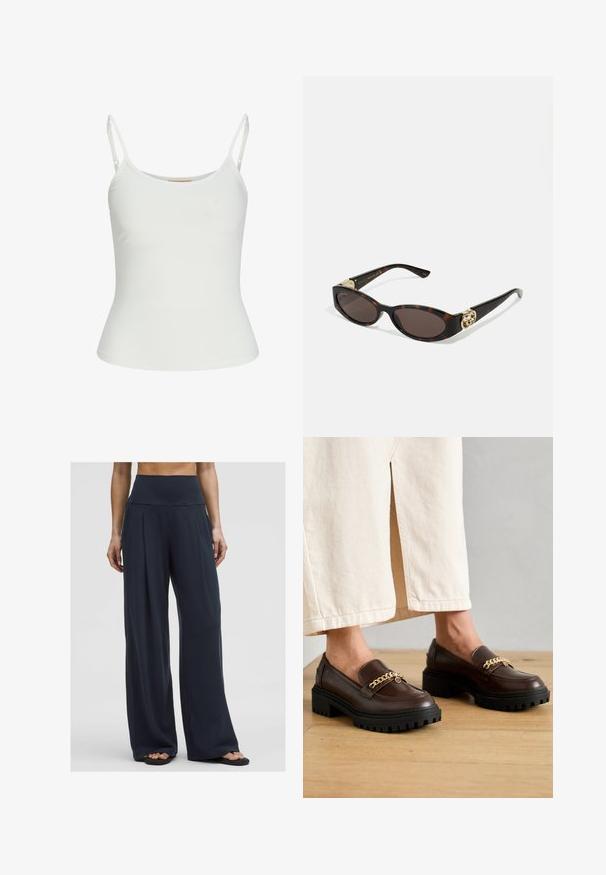 Weißes ärmelloses Oberteil mit verstellbaren Trägern, taillierter Passform, glattem Stoff und rundem Ausschnitt. Keine Muster oder Hardware-Details.; Eine Frau steht in hoch taillierten, weit geschnittenen dunklen Hosen, die sie mit Sandalen kombiniert hat, und zeigt einen bequemen, lässigen Stil.; Braune Lederloafers mit einer dicken schwarzen Sohle und einem goldenen Kettenakzent vorne. Glatte Oberfläche mit leichtem Glanz.; Schildpatt-Sonnenbrille mit länglich-ovalen Gläsern, braunem Farbton, goldenen Logo-Akzenten an den Bügeln und schlanken schwarzen Bügeln.; Geflochtene Strohtasche in hellbeige, mit einem gebogenen Schulterriemen und einem geräumigen, offenen Design mit strukturierten Oberflächen.; Goldfarbene, verdrehte Ringe, die übereinander gestapelt sind und ein strukturiertes Design mit glatten und gebogenen Kanten aufweisen, was ein organisches, fließendes Erscheinungsbild schafft.