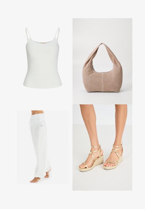White sleeveless top with adjustable straps, fitted design, smooth fabric texture, and a round neckline. No patterns or hardware details.; White, loose-fitting pants with a gathered waistband and drawstring. Smooth texture with side seams, designed for comfort and mobility.; Gold wedge sandals with crisscross straps, textured rope sole, open toe design, and flat ankle straps.; Hobo bag made of soft, suede material in a light beige color. Features a rounded shape with a wide strap and zip closure.