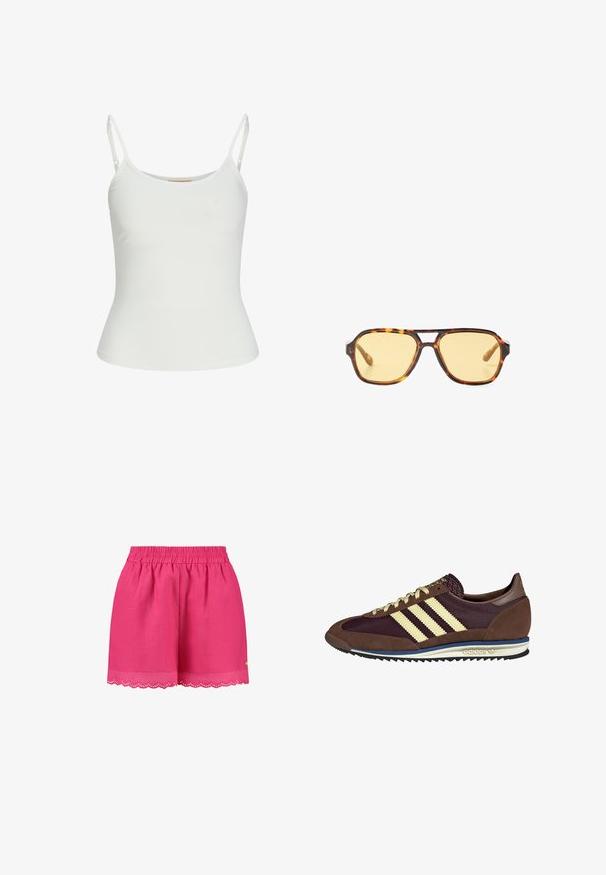 Biała bezrękawnik z regulowanymi ramiączkami, dopasowany krój, gładka tekstura materiału i okrągły dekolt. Brak wzorów i detali metalowych.; Różowe lniane szorty z elastycznym pasem, wykończeniem w kształcie falbany oraz małym złotym akcentem po boku.; Brązowe i burgundowe sneakersy wykonane z zamszu i siateczkowych materiałów, z trzema kremowymi paskami, teksturowanym materiałem na języku i gumową podeszwą.; Okulary przeciwsłoneczne w kolorze wenge z geometrycznym wzorem, żółtymi soczewkami i metalowymi akcentami na zausznikach. Szeroka oprawa o matowej fakturze.; Beżowa skórzana torebka o zaokrąglonym kształcie, z złotym logo oraz regulowanym paskiem z powtarzającą się nazwą marki.