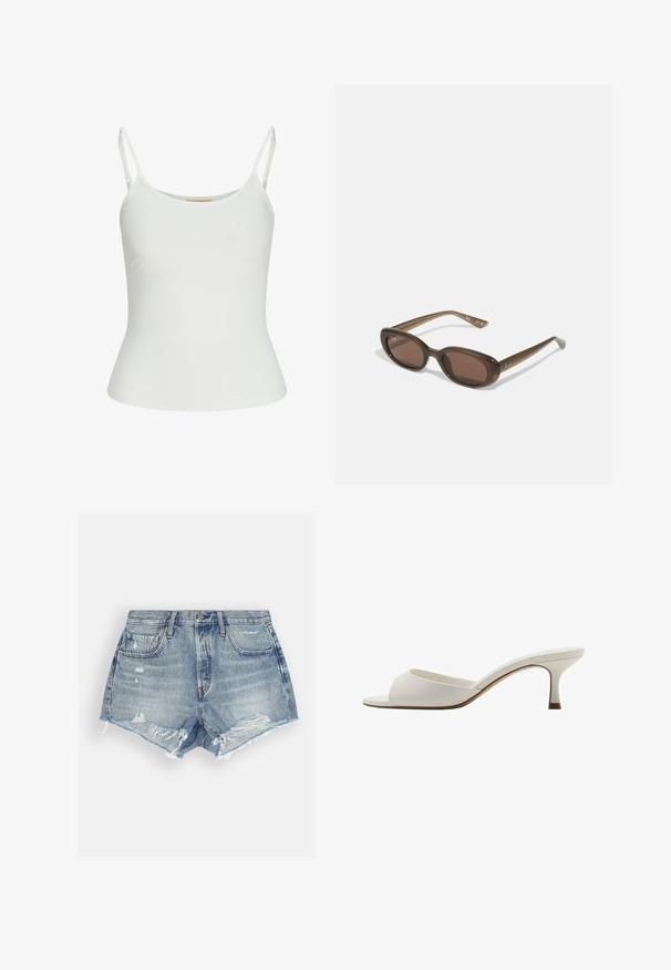 Biele top bez rukávov s nastaviteľnými ramienkami, priliehajúci strih, hladká textúra látky a okrúhly výstrih. Žiadne vzory ani kovové detaily.; Džínové šortky v svetlom modrom odtieni s opotrebovaným vzhľadom. Majú rozstrapkané lemy a dve predné vrecká. Zapínanie na gombík v páse.; Biele sandále na vysokom podpätku otvorené na špičke s hladkým povrchom, minimalistickým dizajnom a štíhlym podpätkom, s jemným hnedým akcentom na podrážke.; Hnedé oválne slnečné okuliare s tmavými sklami. Rám je vyrobený z priesvitného hnedého materiálu a na spánkoch má vytlačené logo.; Zelená kožená kabelka s hladkým povrchom, zakriveným tvarom a vrkočovou rúčkou. Obsahuje zipsový uzáver a nastaviteľný popruh.