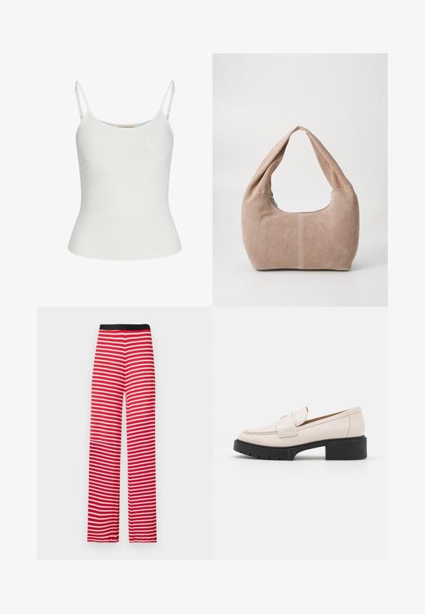 Biele top bez rukávov s nastaviteľnými ramienkami, priliehajúci strih, hladká textúra látky a okrúhly výstrih. Žiadne vzory ani kovové detaily.; Červené a biele pruhované široké nohavice s čiernym elastickým pásom, vyrobené z mäkkej tkaniny, s rovnomernými horizontálnymi pruhmi.; Svetlo béžové kožené mokasíny s prešitým predom a textúrovaným čiernym platformovým podpätkom. Vlastnosti zahŕňajú zakrivený dizajn a mierne zvýšenie.; Hobo taška z mäkkej semišovej látky v svetlej béžovej farbe. Má zaoblený tvar s širokým popruhom a zipsovým uzáverom.