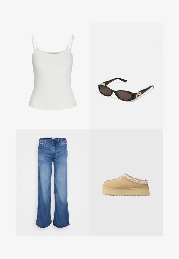 Top sans manches blanc avec bretelles réglables, design ajusté, texture de tissu lisse et encolure ronde. Aucun motif ni détail matériel.; Jean en denim bleu clair, coupe large, taille haute et ourlet brut. Dispose de cinq poches, passants de ceinture et décoloration subtile sur le tissu.; Chaussure slip-on en daim beige avec un col rembourré et un accent texturé bleu clair. Elle dispose d'une semelle extérieure épaisse et durable avec un profil de traction.; Lunettes de soleil en écaille, avec des verres ovales allongés, teinte marron, accents de logo doré sur les branches et montures noires élégantes.; Sac à main en cuir marron avec deux poignées robustes, de forme rectangulaire, texture lisse et fermeture zippée. Design minimaliste sans motifs visibles.