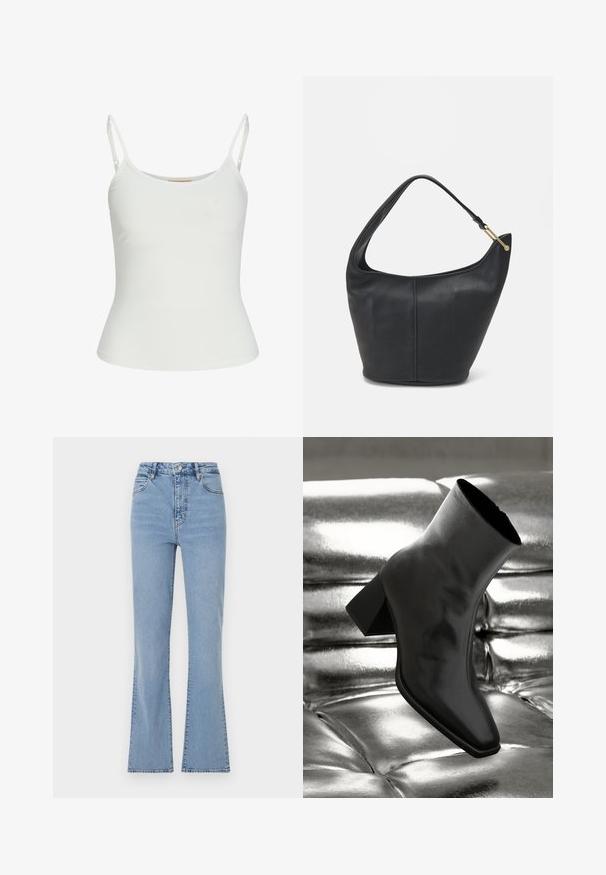 Top sans manches blanc avec bretelles réglables, design ajusté, texture de tissu lisse et encolure ronde. Aucun motif ni détail matériel.; Jeans évasés bleu clair avec une taille haute, fabriqués en denim. Caractéristiques : fermeture à boutons et à zip à l'avant, et couture visible le long des coutures.; Botte noire à la cheville en matériau brillant avec un bout carré et un talon effilé, sur un fond argenté brillant et capitonné.; Sac à main en cuir noir avec une forme arrondie, une large bandoulière et une finition texturée. Présente un détail de couture subtil et un accent en métal doré.