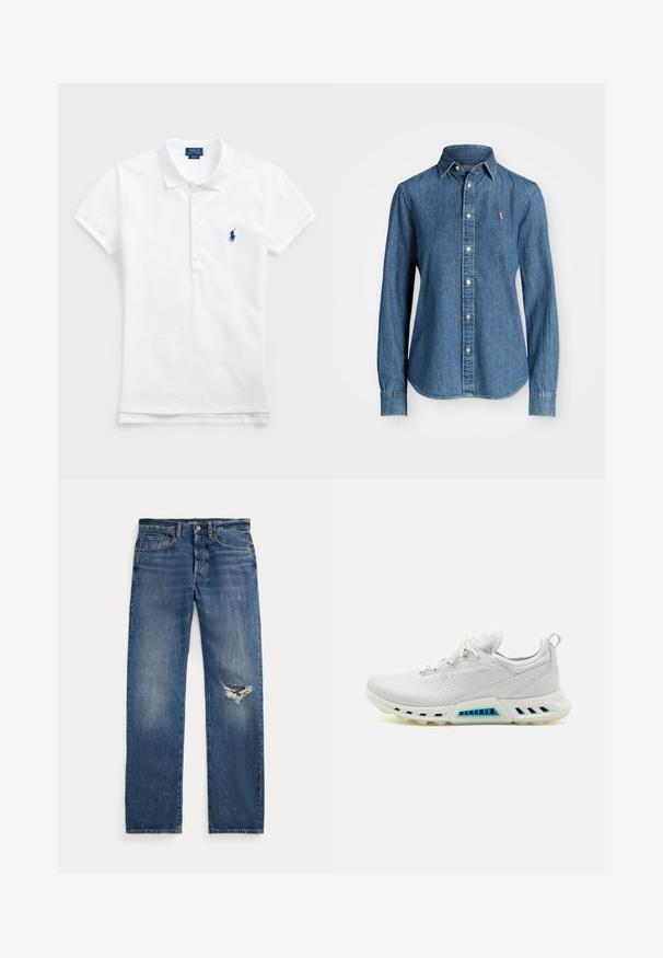 Balta medvilninė polo marškinėliai su klasikiniu apykaklės dizainu, trumpomis rankovėmis ir tamsiai mėlynu siuvinėtu logotipu kairėje krūtinės pusėje. Penkių mygtukų užtrauktukas.; Mėlynos džinsinės palaidinės ilgomis rankovėmis, su mygtukų apykakle ir logotipo akcentu krūtinėje. Suapvalintas apatinis kraštas ir standartinis fasonas.; Mėlyni džinsai su vidutiniais liemeniu, penkiomis kišenėmis ir suplėšymu dešiniajame kelyje.; Balti sportiniai bateliai su lygiu sintetinės medžiagos paviršiumi, perforuotomis detalėmis ir šviesiai mėlynomis akcentais. Storis padas su ventiliacijos angomis.