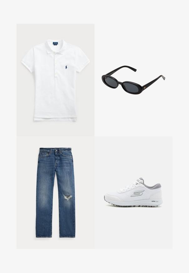 Hvit bomulls polo-skjorte med klassisk krage, korte ermer og en marineblå brodert logo på venstre bryst. Fem-knappers placket.; Blå denimjeans med middels høy midje, fem lommer og et frynsete hull på høyre kne.; Hvite joggesko med et teksturert mesh-overdel, sølvfargede detaljer og en lett såle med små grep-studser, merket "ULTRA FLIGHT."; Svart overdimensjonerte solbriller med ovale linser, glatt plastramme og gullakenter på bøylene. Mørke linser gir solbeskyttelse.