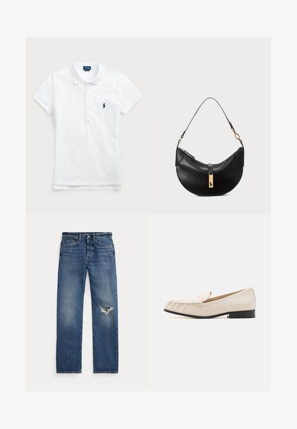 Balta medvilninė polo marškinėliai su klasikiniu apykaklės dizainu, trumpomis rankovėmis ir tamsiai mėlynu siuvinėtu logotipu kairėje krūtinės pusėje. Penkių mygtukų užtrauktukas.; Mėlyni džinsai su vidutiniais liemeniu, penkiomis kišenėmis ir suplėšymu dešiniajame kelyje.; MICHAEL Michael Kors CARLSON LOAFER - Įmautiniai batai - light cream; Juodos odos rankinė pusmėnulio forma. Papuošta auksinėmis detalėmis ir siaura juosta. Lygi tekstūra, užtrauktuko uždarymas viršuje.