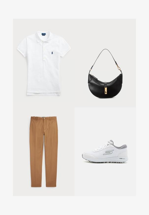 Biela bavlnená polokošeľa s klasickým golierom, krátkymi rukávmi a námornícky modrou vyšitou značkou na ľavej strane hrudníka. Päťgombíková léga.; Hnedé bavlnené nohavice so slim-fit strihom, plochým predným dielom a štandardnými vreckami; hladká textúra a obháčkované manžety.; Biele športové topánky s textúrovaným sieťovaným zvrškom, striebornými akcentmi a ľahkou podrážkou s malými trakčnými hrotmi, označené "ULTRA FLIGHT."; Čierna kožená kabelka v tvare polmesiaca. Obsahuje zlaté kovové doplnky a úzku rúčku. Hladká textúra, zips na vrchu.