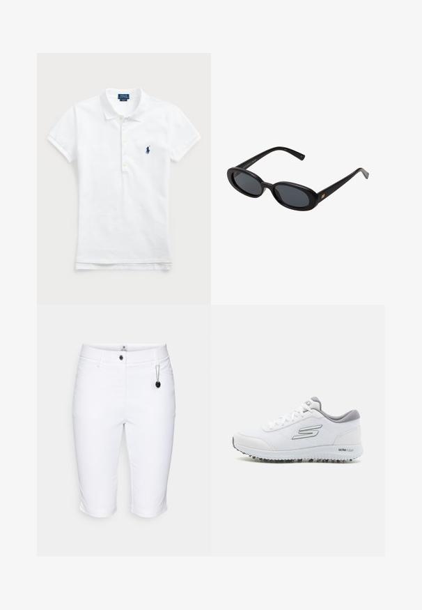 Vit bomullspolo med klassisk krage, korta ärmar och en marinblå broderad logotyp på vänster bröst. Femknapps-knäppning.; Daily Sports LYRIC BERMUDA SHORTS - Träningsshorts - white; Vita idrottsskor med en strukturerad mesh-ovandel, silverdetaljer och en lätt sula med små greppknoppar, märkta "ULTRA FLIGHT."; Svarta överdimensionerade solglasögon med ovala linser, slät plastbåge och guldaccent på bågarna. Mörka linser ger solskydd.