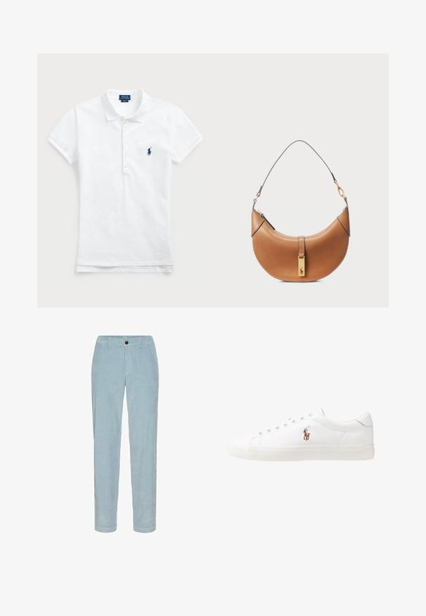 Weißes Baumwoll-Polohemd mit klassischem Kragen, kurzen Ärmeln und einem dunkelblauen gestickten Logo auf der linken Brust. Fünf-Knopf-Leiste.; Hellblaue Cordhosen mit geradem Bein, ausgestattet mit strukturierten vertikalen Streifen, einem Knopfverschluss und Gürtelschlaufen.; Weiße Leder-Sneaker, niedrig geschnitten, mit glatter Textur, runder Zehenpartie, Schnür vorne und kleinem gesticktem Logo an der Seite.; Taschenhandtasche aus tanfarbenem Leder mit geschwungener Form, goldenen Beschlägen und einem dünnen Schulterriemen. Verfügt über einen Reißverschlussverschluss und ein Logodetail auf der Vorderseite.