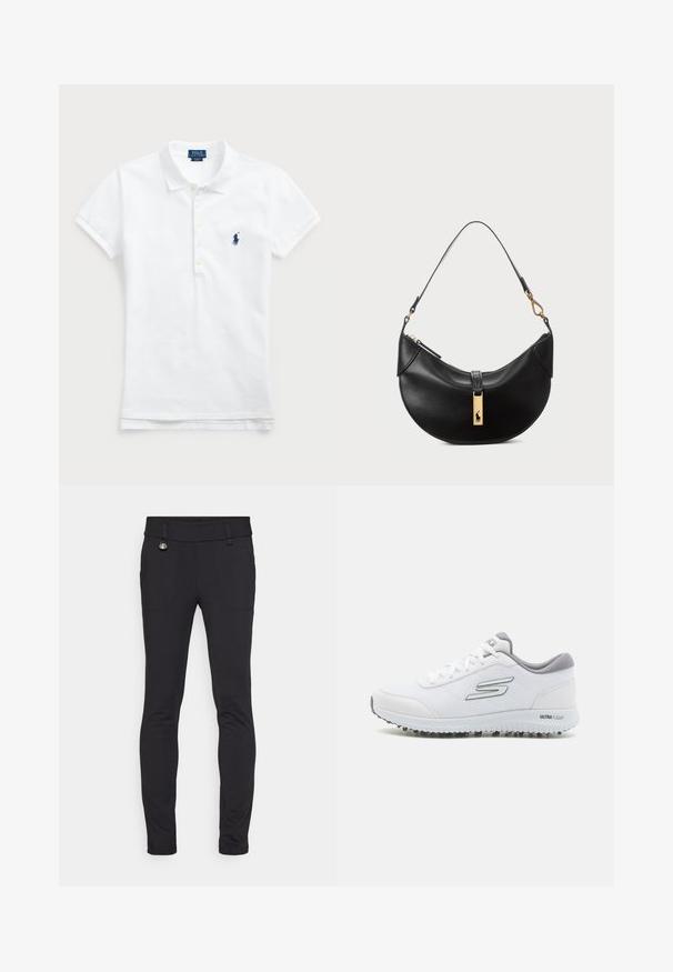 Bela bombažna polo majica z visokim ovratnikom, kratkimi rokavi in aplika za logotip v temno modri barvi na levem prsnem predelu. Pet gumbov na zapenjanju.; Črne elastične hlače s slim fit krojem, ki imajo dve sprednji žepi in okrasni kovinski detajl blizu pasu. Gladka tekstura.; Bele športne čevlje z teksturirano mrežasto zgornjim delom, srebrnimi poudarki in lahkotnim podplatom, ki ima majhne protisklizne konice, označeni z "ULTRA FLIGHT."; Črna usnjena torbica v obliki polmeseca. Ima zlato kovinsko dekoracijo in ozek trak. Gladka tekstura, z zadrgo na vrhu.