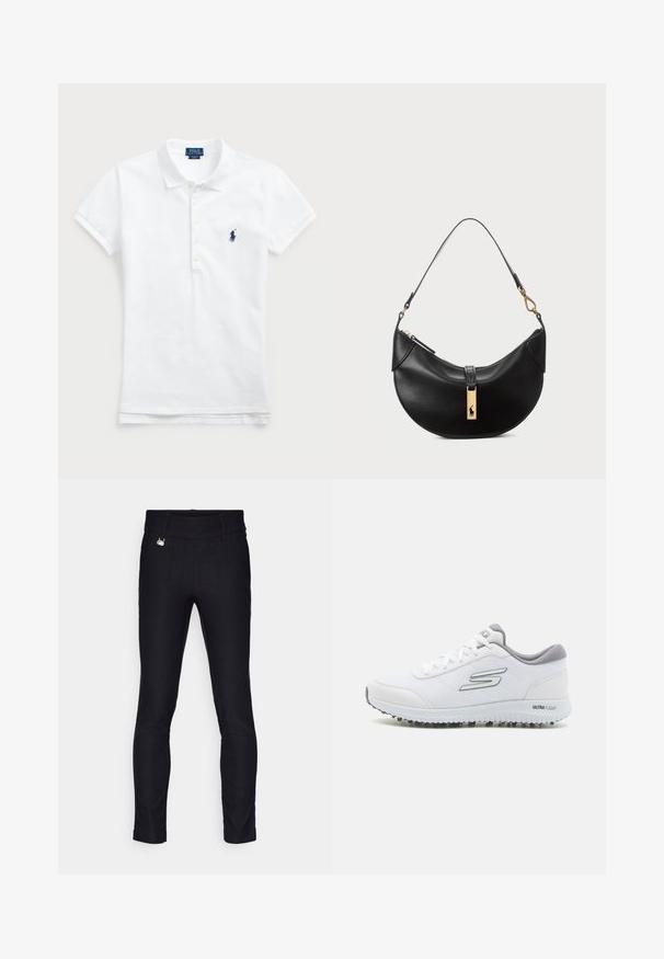 Balta kokvilnas polo krekls ar klasisku apkakli, īsām piedurknēm un tumši zilā krāsā izšūtu logotipu kreisajā krūtī. Ar piecu pogu aizdari.; Melni slim-fit bikses no elastīga auduma. Iezīmējas ar gludu tekstūru, plakanu jostu un sudraba aksesuāru priekšpusē.; Baltie sporta apavi ar teksturētu sietu augšpusi, sudraba akcentiem un vieglu zoli ar mazām saķeres uzlikām, apzīmēti "ULTRA FLIGHT."; Melnas ādas rokas soma pusmēness formas. Iezīmē zelta metāla akcentus un šauru siksniņu. Gluda tekstūra, rāvējslēdzēja aizdare augšpusē.