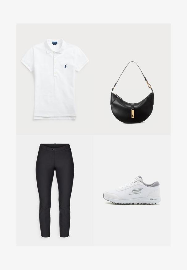Bela bombažna polo majica z visokim ovratnikom, kratkimi rokavi in aplika za logotip v temno modri barvi na levem prsnem predelu. Pet gumbov na zapenjanju.; Črne krojene hlače ožjega kroja, z gumbom za zapiranje, sprednjimi žepi in zadrgo na gležnjih. Gladka, teksturirana tkanina.; Bele športne čevlje z teksturirano mrežasto zgornjim delom, srebrnimi poudarki in lahkotnim podplatom, ki ima majhne protisklizne konice, označeni z "ULTRA FLIGHT."; Črna usnjena torbica v obliki polmeseca. Ima zlato kovinsko dekoracijo in ozek trak. Gladka tekstura, z zadrgo na vrhu.