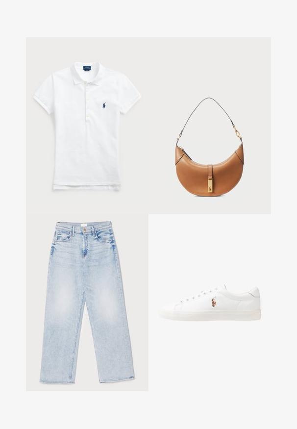 Balta medvilninė polo marškinėliai su klasikiniu apykaklės dizainu, trumpomis rankovėmis ir tamsiai mėlynu siuvinėtu logotipu kairėje krūtinės pusėje. Penkių mygtukų užtrauktukas.; Šviesiai mėlynos, aukštu juosmeniu džinsai su plačiomis kojomis, turintys penkis kišenes, priekinį mygtuko uždarymą ir šiek tiek nusidėvėjusią tekstūrą.; Baltos odinės sportbačiai, žemo profilio, su lygia tekstūra, apvalia nosimi, raištelių sistema priekyje ir mažyte siuvinėta logo šone.; Šviesiai rudos odos rankinė su kreiva forma, auksiniais aksesuarais ir plonu petiniu diržu. Yra užtrauktuko uždarymas ir logotipo detalė priekyje.