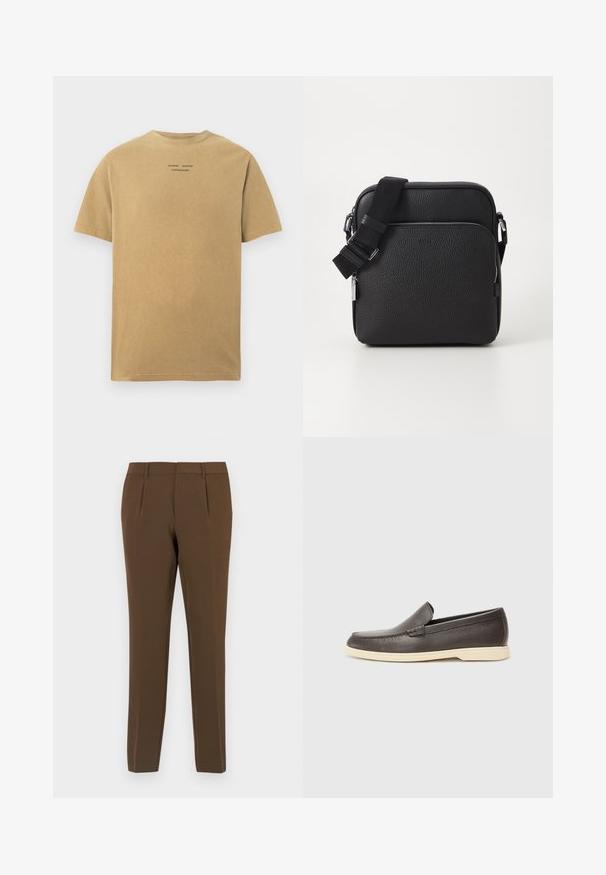 T-shirt à manches courtes de couleur beige clair, fabriqué en coton. Doté d'un col rond et d'un texte de marque imprimé au dos.; Pantalons marron sur mesure avec une texture lisse, dotés de deux plis avant, de jambes droites et de passants de ceinture. Design épuré et minimaliste.; Chaussures à enfiler en cuir marron avec une surface texturée et une semelle beige clair contrastante, présentant un bout arrondi et de minimalistes détails de couture.; Sac bandoulière en cuir noir avec une surface texturée, doté d'une poche zippée à l'avant, d'une bandoulière ajustable et d'accents en métal.