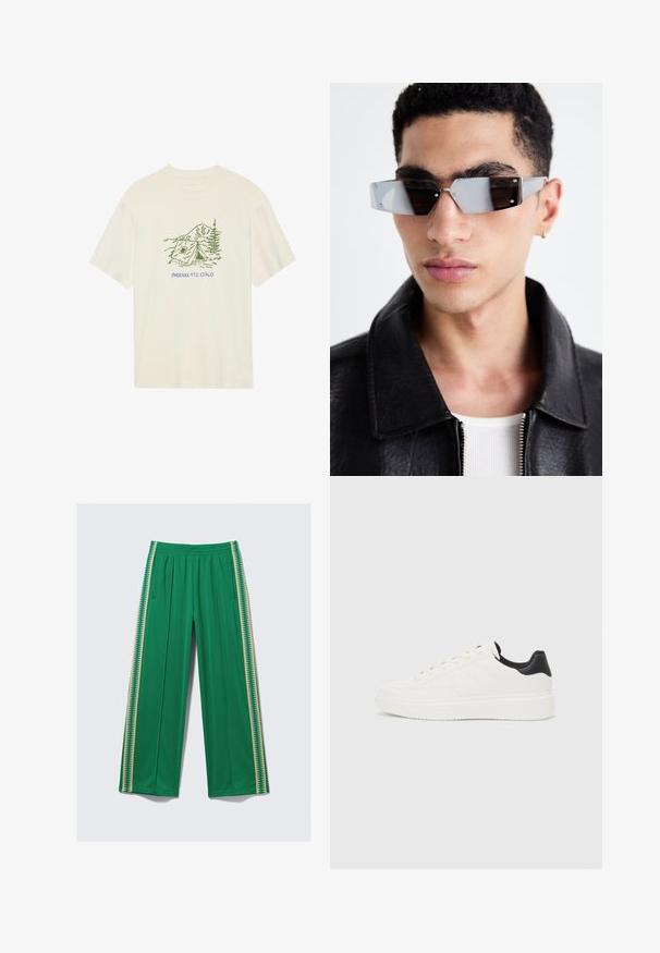 Krémové bavlnené tričko s krátkymi rukávmi, na ktorom je zelená grafika s kempingovou tematikou a text "PHOENIX 112.0740".; Zelené teplákové nohavice s béžovým cik-cak pruhom na každej strane, elastický pás a bočné vrecká, ležiace na svetlom pozadí.; Biele kožené tenisky s embosovaným vzorom, štruktúrovanou bielou medzipodrážkou a čiernym akcentom na päte. Majú zaoblenú špičku a ploché šnúrky.; Uhly šedé slnečné okuliare s striebornými prvkami na svetlom pozadí. Šošovky majú jedinečný geometrický tvar.