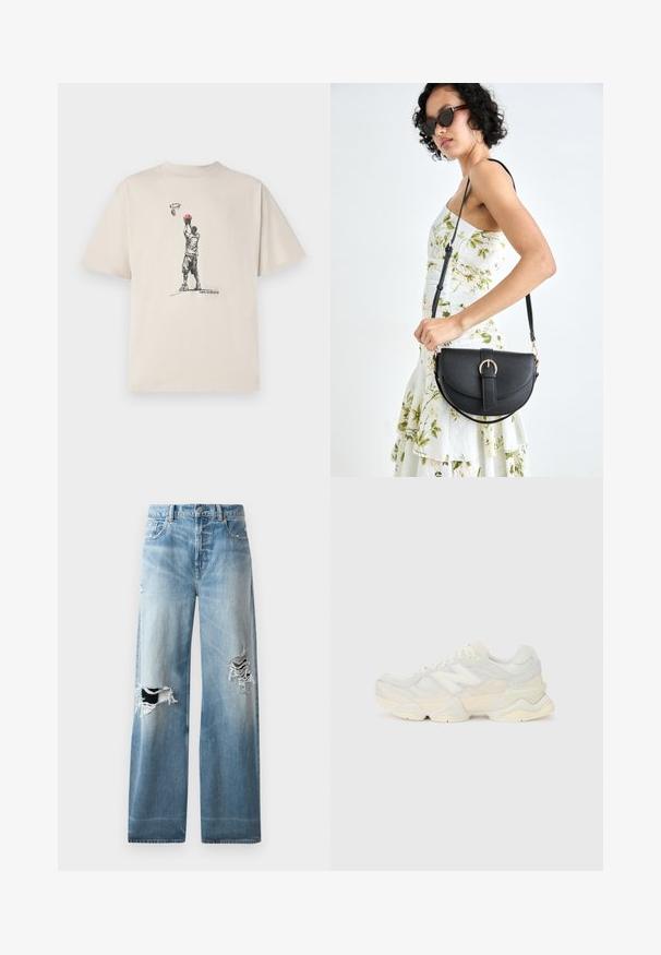 New Balance HOOPS PLAYER GRAPHIC UNISEX - T-Shirt print - brown; Hellblaue Denim-Jeans mit lockerer Passform, die große, ausgerissene Stellen an den Knien und dezente Verfärbungen im gesamten Stoff aufweisen.; Leichte Sneaker mit einem Obermaterial aus Mesh und Wildleder in sanften Cremetönen, einer dicken Sohle und dreidimensionalen Akzenten.; Schwarze Lederhandtasche mit geschwungener Form, abnehmbarem Tragegurt und goldenen Beschlägen. Die Tasche verfügt über einen Deckel mit einer Schnallen-Details.