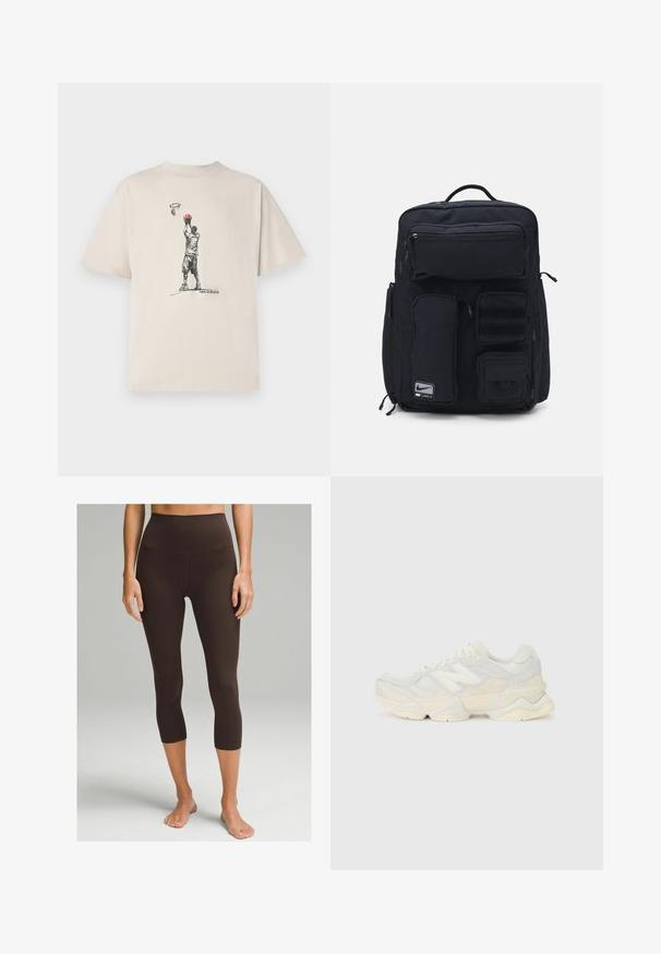 New Balance HOOPS PLAYER GRAPHIC UNISEX - Triko s potiskem - brown; lululemon ALIGN™ HIGH-RISE 53 CM - Punčochy - espresso; Lehká sneakerka s vrchní částí z prodyšné síťoviny a semiše v jemných krémových tónech, s masivní podrážkou a trojrozměrnými akcenty.; Černý batoh vyrobený z odolné látky. Obsahuje několik zipových kapes, včetně přední přihrádky, a oblasti s suchým zipem pro úchyty.