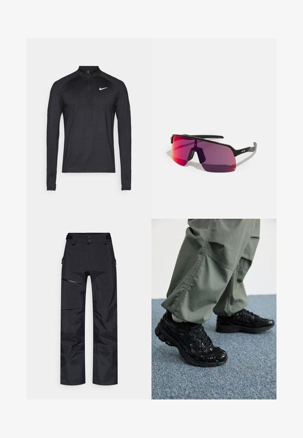 Black long-sleeve athletic top with quarter zipper and white Nike swoosh logo on the left chest, displayed on a plain background.; Black waterproof pants with a loose fit, elastic waistband, zippered side pockets, and textured fabric for durability.; Black athletic sneakers with glossy and mesh textures, featuring a thick sole and laces, paired with loose olive-green cargo pants.; Black sports sunglasses with pink to purple gradient lenses and sleek geometric design. Features adjustable nose piece and logo accent on arm.
