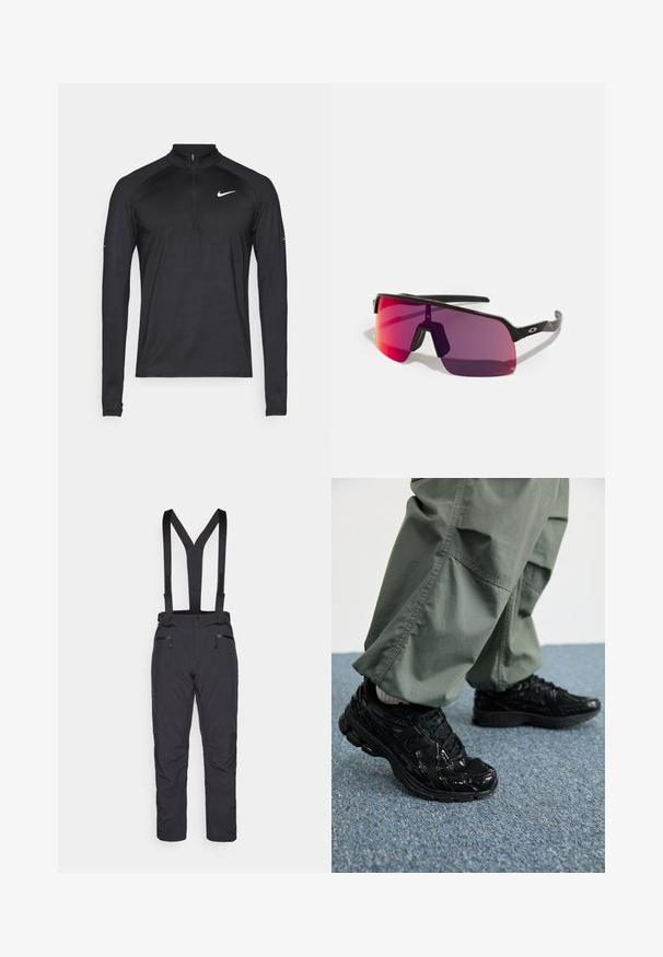 Zwart sportshirt met lange mouwen en kwart rits, met het witte Nike swoosh-logo op de linkerborst, op een effen achtergrond weergegeven.; Zwarte skibroek met verstelbare banden, twee voorzakken met rits en een slank ontwerp. Gemaakt van duurzaam, waterafstotend materiaal.; Zwarte sport sneakers met glanzende en mesh texturen, voorzien van een dikke zool en veters, gecombineerd met losse olijfgroene cargobroeken.; Zwarte sportzonnebril met een roze naar paarse gradient lenzen en een slank geometrisch ontwerp. Voorzien van een verstelbare neuspads en een logo-accent op de arm.