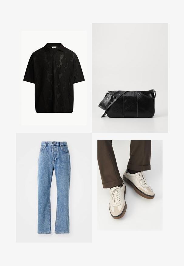 Črna kratka polo majica s kratkimi rokavi, ki je okrašena z teksturiranim, abstraktnim vzorcem. Ovratnik je raven in rahlo odprt, kar poudari sproščen dizajn.; Svijetloplave traperice s visokim strukom, širokim nogavicama, klasičnim pet džepnim stilom i suptilnim izbljeđivanjem na tkanini.; Bež teniske z teksturiranim prednjim delom iz usnja, gladkimi kožnimi stranicami in rjavo gumijasto podplatom. Vključene vezalke in svetla šivana detajla.; Črna usnjena torba za ramo z zadrgo, ki ima teksturirano telo, belo šivanje in trak s srebrnimi luknjami.