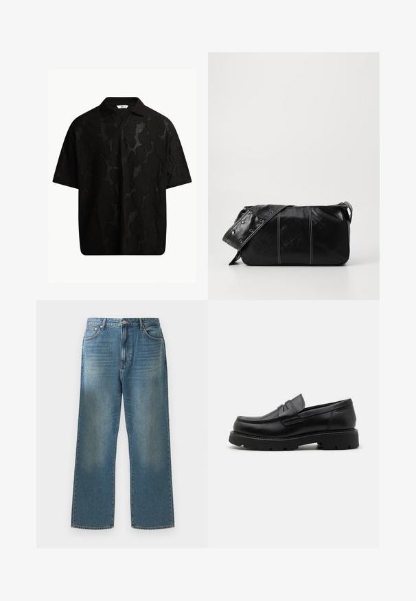 Zwarte polo met korte mouwen, voorzien van een gestructureerd, abstract patroon. De kraag is plat en iets geopend, wat het ontspannen ontwerp benadrukt.; Blauwe denim jeans met een wijde pijp, voorzien van een vervaagde wassing, een klassiek vijf-pocket ontwerp en een metalen knoopsluiting bij de taille.; Zwarte leren instappers met een ronde neus, gestructureerde accenten aan de voorkant, en een stevige rubberen zool met sleuven voor grip.; Zwarte leren schoudertas met een ritsluiting, voorzien van een gestructureerd lichaam, witte stiksels en een band met zilveren oogjes.