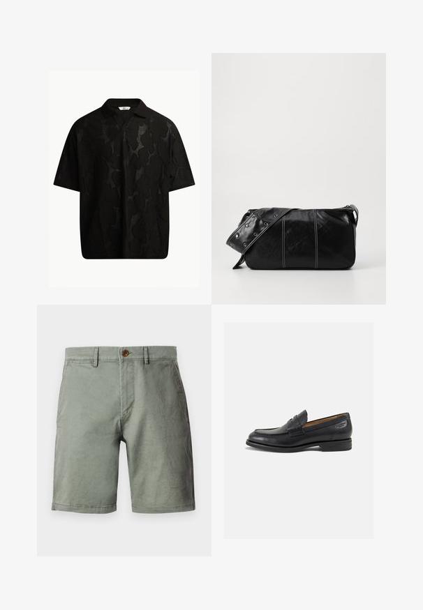 Black short-sleeve polo shirt featuring a textured, abstract pattern. The collar is flat and slightly open, enhancing the relaxed design.; Light green shorts made from cotton blend, featuring a front button closure, belt loops, and a flat-front design. Smooth texture, knee-length.; Black leather loafers with a smooth finish, rounded toe, and decorative stitching on the vamp. Low stacked heel and slight shine.; Black leather shoulder bag with a zip closure, featuring a textured body, white stitching, and a strap with silver grommets.