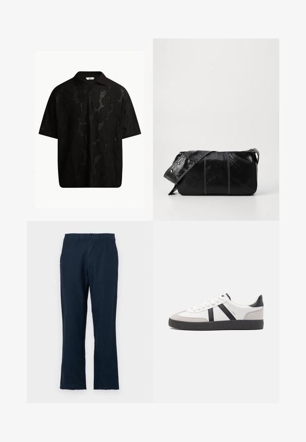 Melns īsām piedurknēm polo krekls ar teksturētu, abstraktu rakstu. Apkakle ir plakana un nedaudz atvērta, uzsverot brīvo dizainu.; Tumši zilu lina bikses ar taisnu piegriezumu, pogu aizdari un standarta kabatām. Audums ir gluds un ar minimāliem akcentiem.; Baltas sneakeris ar melniem un pelēkiem akcentiem, kuram ir teksturēts pelēks purngals, melna gumijas zole un plakanas baltas šņores. Tīrs dizains, minimālisma stils.; Melnas ādas plecu soma ar rāvējslēdzēja aizdari, ar teksturētu virsmu, baltu dūrienu un siksnu ar sudraba iekavām.
