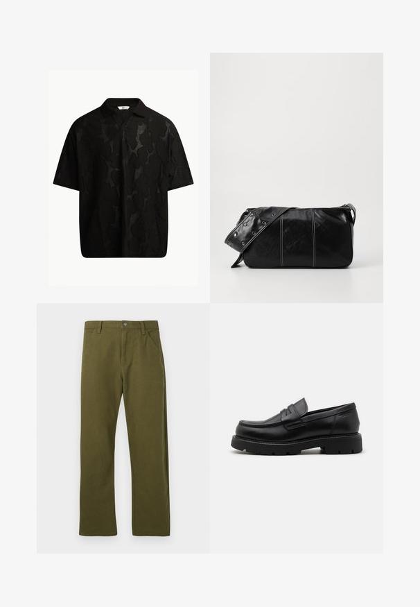 Μαύρο κοντομάνικο πόλο μπλουζάκι με υφή, φιλοτεχνημένο σε αφηρημένο σχέδιο. Ο γιακάς είναι επίπεδος και ελαφρώς ανοιχτός, ενισχύοντας τον χαλαρό σχεδιασμό.; Πράσινα βαμβακερά παντελόνια με ίσια γραμμή, που διαθέτουν σχέδιο μπροστινής τσέπης, κλείσιμο με μεταλλικό κουμπί και διακριτές ραφές.; Μαύρες δερμάτινες λόφες με στρογγυλή μύτη, υφή μπροστά και χοντρή καουτσούκ σόλα με αυλακώσεις για πρόσφυση.; Μαύρη δερμάτινη τσάντα ώμου με φερμουάρ, με υφή σώματος, λευκή ραφή και λουρί με ασημένιες οπές.