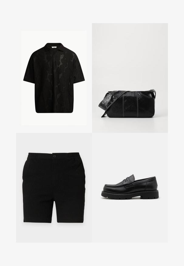 Svart kortermet polo skjorte med et teksturert, abstrakt mønster. Kragen er flat og litt åpen, noe som gir et mer avslappet design.; Svarte shorts med teksturert stoff, elastisk midjebånd og en enkelt knappelukking. Designet for uformell bruk med rette ben.; Sorte lærloafers med rund tå, teksturerte detaljer på fronten, og en tykk gummisåle med spor for bedre grep.; Svart lær skulderveske med glidelås, med teksturert overflate, hvite sømmer og en stropp med sølvringer.